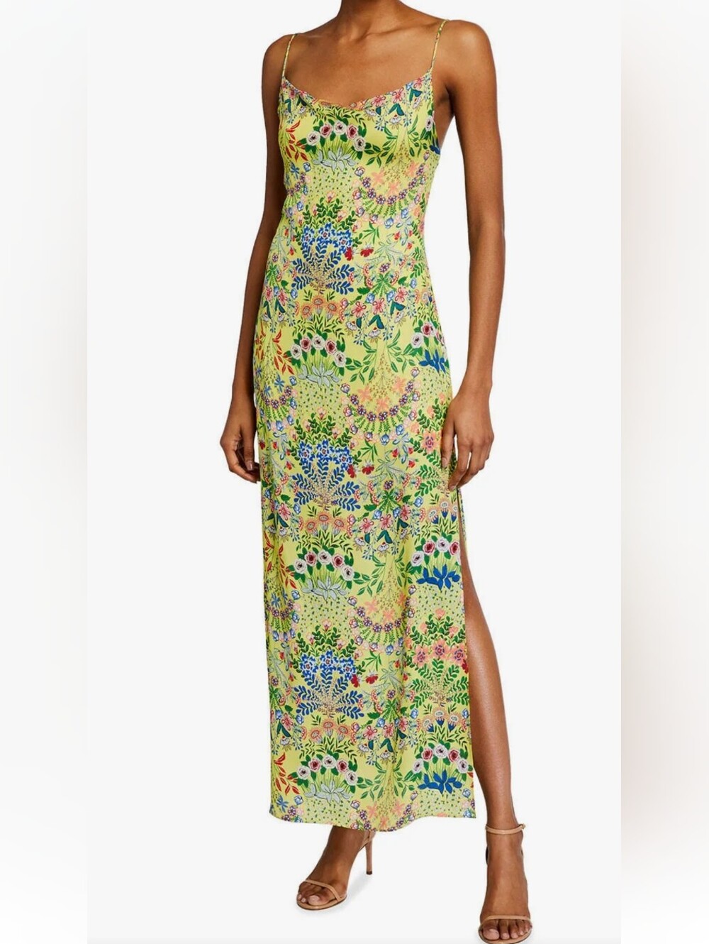 Floral Yellow Maxi Slip Dress with Spaghetti Straps